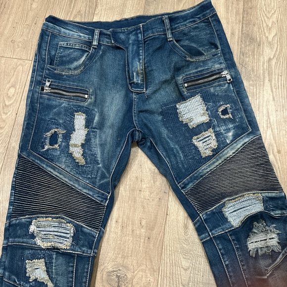 Balmain Distressed Denim Jeans in Dark Blue - Picture 1 of 6